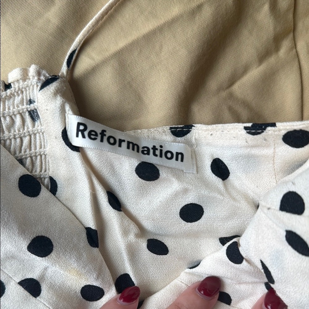 Reformation Cream white Polka Dot Mini Dress with Black Dots tie straps size 8 - Picture 2 of 4